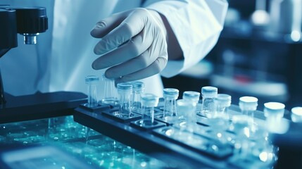 A person in a lab coat and gloves working on a machine. This image can be used to represent scientific research, laboratory experiments, or medical diagnostics