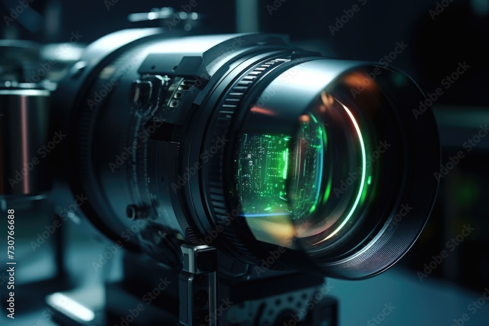 Poster close up of a camera lens mounted on a tripod. suitable for photography and filmmaking projects