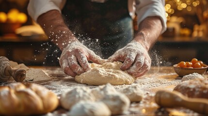 A guy on a table kneading dough. Generative Ai.