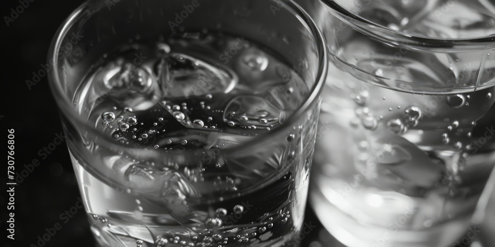 Poster two glasses filled with water and ice cubes. suitable for refreshing beverage or hydration concepts