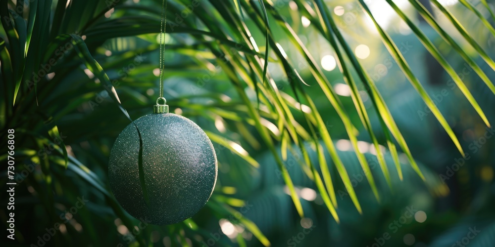 Poster A green ornament is hanging from a palm tree. This image can be used to add a tropical touch to holiday decorations