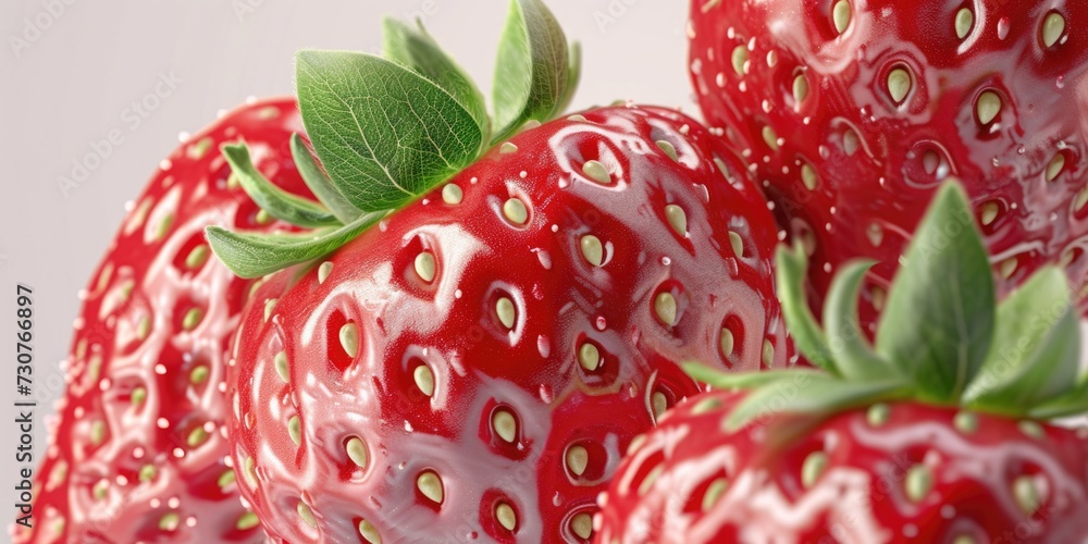 Poster A detailed shot of a group of strawberries. This image can be used in various contexts