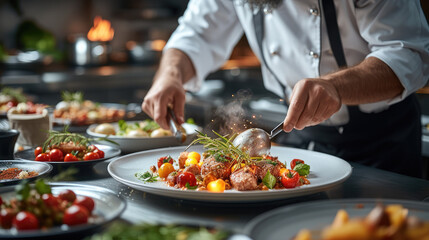 A chef is cooking delicious dishes with exquisite tableware and gourmet presentation in the background. Generative AI.