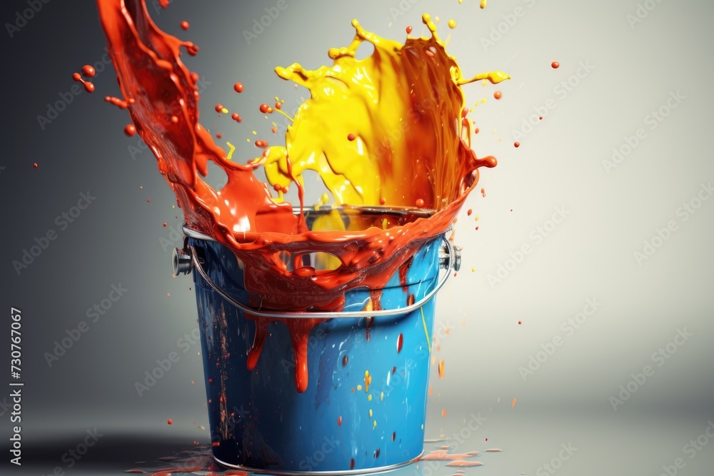 Poster a bucket of paint with a splash of orange and yellow. perfect for artistic projects or home improvem