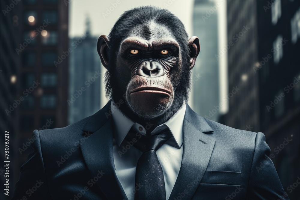 Poster a picture of a man wearing a suit with a monkey face. this image can be used to represent humor, mis