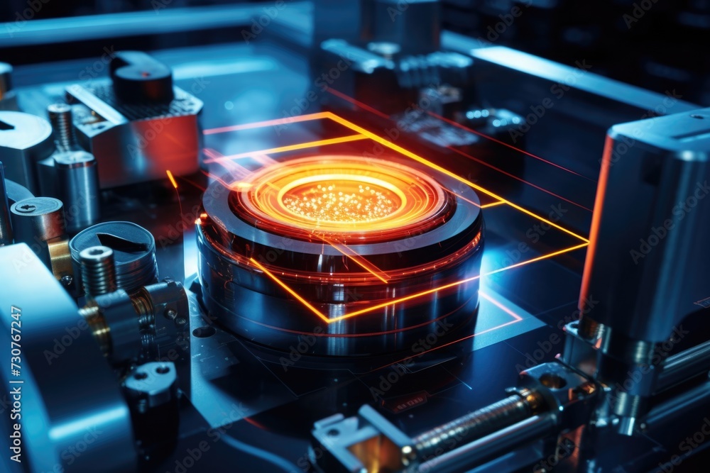 Aufkleber A detailed close-up view of a metal object with a vibrant red light. This image can be used to portray technology, innovation, or futuristic concepts.