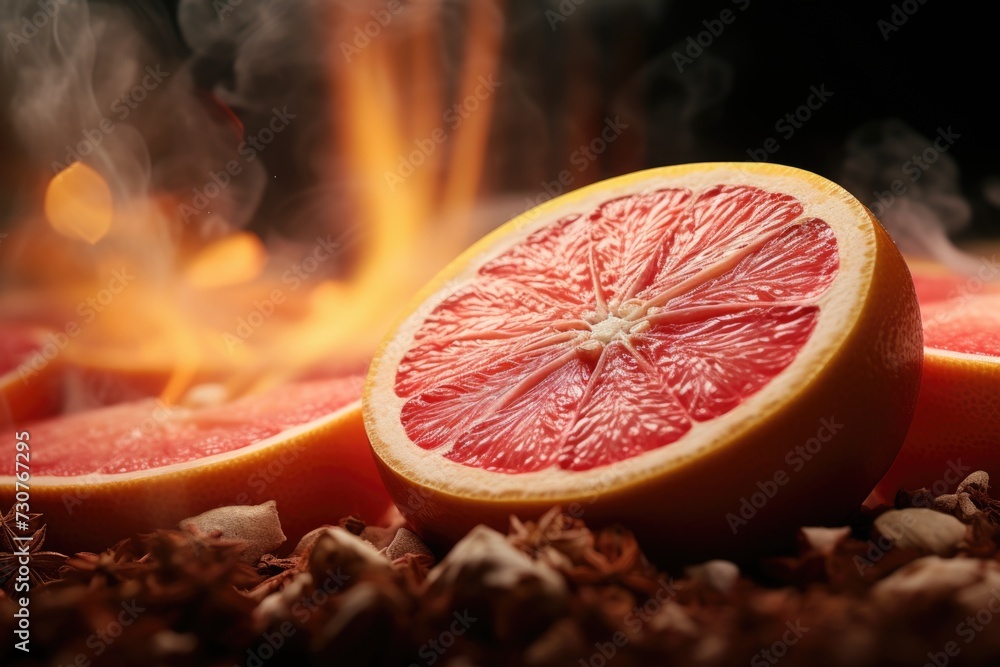Poster A close up view of a grapefruit sliced in half. This image can be used to showcase the vibrant colors and texture of a fresh grapefruit. Perfect for food and beverage-related projects