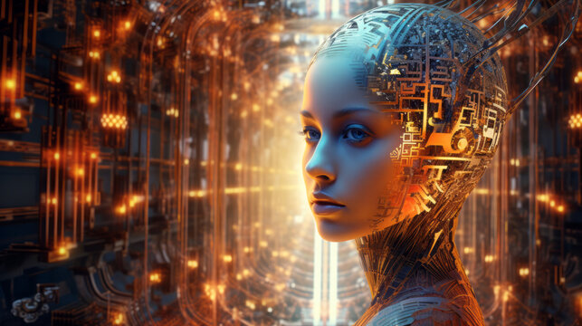 beautiful android woman with circuits on head 