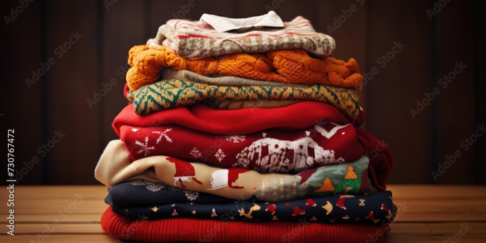 Poster a stack of cozy sweaters neatly arranged on a wooden table. perfect for showcasing the latest fashio
