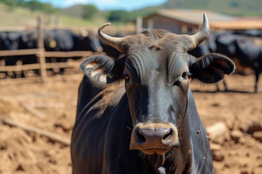 A close-up view of a cow standing in a dirt field. This image can be used to depict rural landscapes, farming, or agriculture