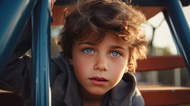 A young boy with blue eyes sitting on a bench. Suitable for various uses