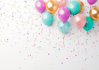 colorful balloons and confetti for a holiday celebration like birthday anniversary, wallpaper background for ads or gifts wrap and web design, white blank wall