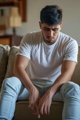 Fototapeta premium A man sitting on a couch with his hands resting on his knees. Suitable for lifestyle, relaxation, and home interior concepts