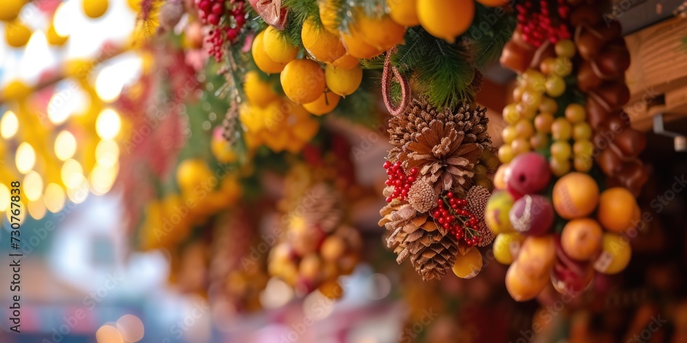 Poster a bunch of fruit suspended from the ceiling, creating an interesting decorative element. suitable fo