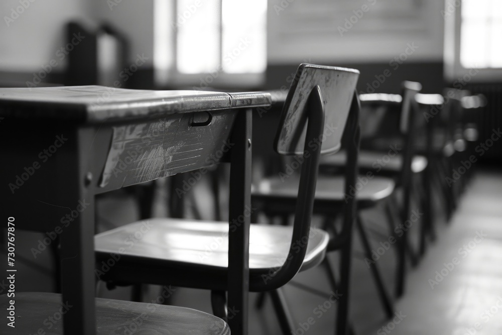 Aufkleber a black and white photo of a row of school desks. suitable for educational themes and classroom conc