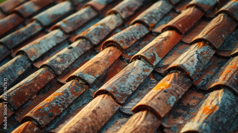 Poster A detailed close up of a tiled roof with rust. This image can be used to illustrate the effects of weathering on roofs or for architectural and construction-related projects