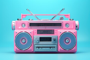 A pink boombox is placed on top of a blue surface. This versatile image can be used in various contexts