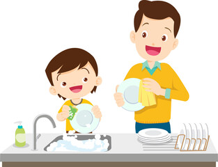 cute people washing dishes