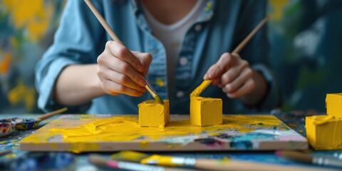 Fototapeta premium A woman is painting with yellow paint on a canvas. This image can be used for artistic or creative projects
