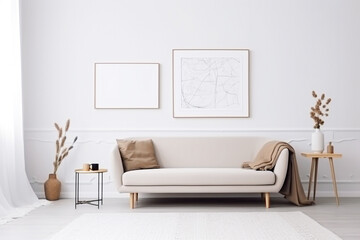 Blurred living room interior with beige sofa, mock up poster frame, coffee table and plants on white wall background