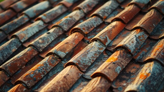 A detailed close up of a tiled roof with rust. This image can be used to illustrate the effects of weathering on roofs or for architectural and construction-related projects
