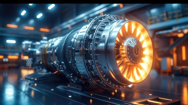 Futuristic industrial gas turbine engine. Engineering equipment. Turbine. Heavy industry concept. Generative AI.