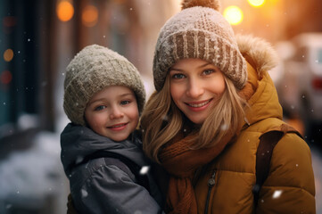 Fototapeta premium Woman and son hugging snow in winter. A heartwarming portrait of motherhood and family bonding, embracing the beauty of the season together in nature winter wonderland