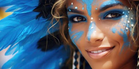 Obraz premium Close up of a woman with blue paint on her face. Can be used for artistic projects or Halloween-themed designs