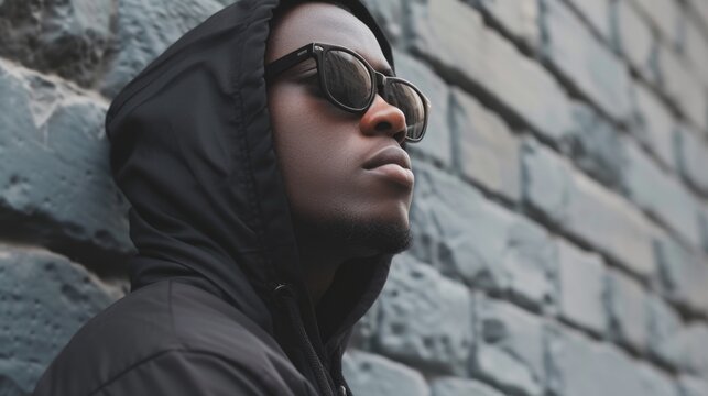 A man wearing a hoodie and sunglasses leans against a brick wall. Suitable for urban fashion or street style themes