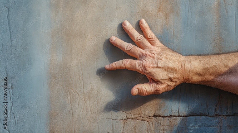 Poster A person's hand touching a wall. Can be used to depict concepts of connection, support, or exploration.