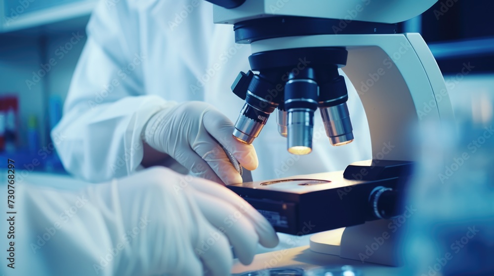 Poster A person in a lab coat is seen looking through a microscope. This image can be used to depict scientific research, laboratory work, or education