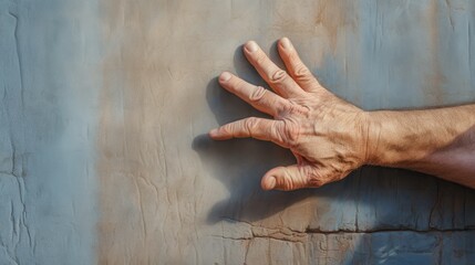A person's hand touching a wall. Can be used to depict concepts of connection, support, or exploration.