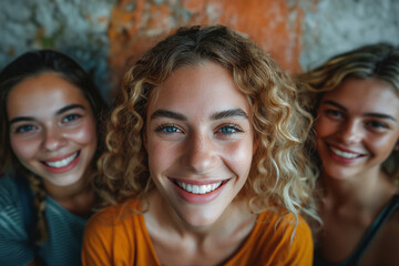 Fototapeta premium Young female students having fun together while taking photo outdoors