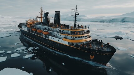 Majestic black cruise ship navigates through the stunning ice floes of antarctica