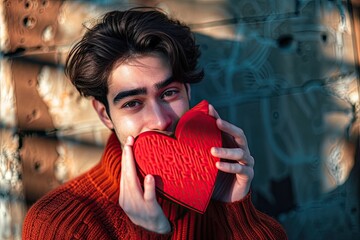 The man's gesture of holding a heart symbolizes the essence of Valentine's Day, evoking sentiments of love and romance.