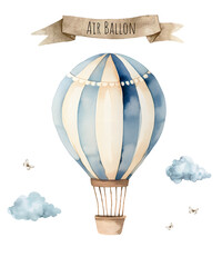 Watercolor vintage blue air balloon. Vehicle, retro transport type. Nursery air balloon