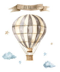 Fototapeta na wymiar Watercolor vintage air balloon. Vehicle, retro transport type. Nursery air balloon