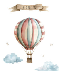 Fototapeta na wymiar Watercolor vintage air balloon. Vehicle, retro transport type. Nursery air balloon