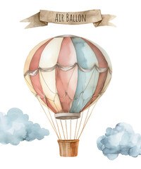 Watercolor vintage air balloon. Vehicle, retro transport type. Nursery air balloon