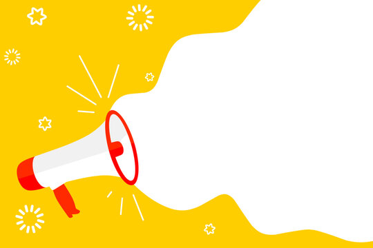 Megaphone vector illustration on yellow background. The concept of shouting with a loudspeaker conveys something important. Advertising banner templates, job vacancies, sales and announcements.
