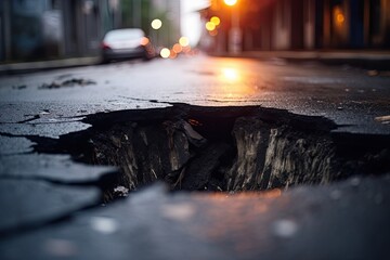 An asphalt road displays a long crack, revealing ground damage caused by natural disasters, depicting the aftermath of upheaval in the city. - obrazy, fototapety, plakaty