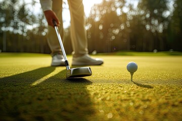 captures the golfer's hands firmly gripping the club, poised for a precision putt, showcasing the focus and determination required in the game of golf.
