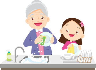 cute people washing dishes