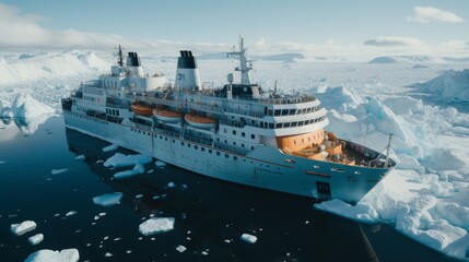 White cruise ship in antarctica surrounded by majestic ice floes, antarctic voyage