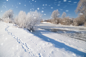 Fototapeta na wymiar snowfall over the winter river