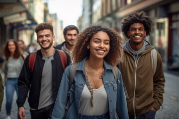 Obraz premium Happy young interracial students chatting with each other after class standing outside. Guy and girls wear casual clothes to study. Lifestyle concept, sincere emotions