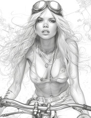 Plakat Biker on a motorcycle. Traveling through future cities. A girl on a motorcycle wearing a helmet. Illustration for coloring book