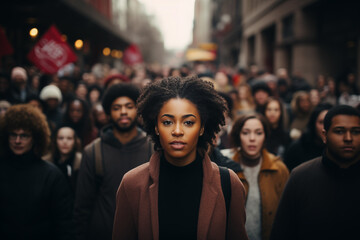 Obraz premium Black woman marching in protest with a group of people