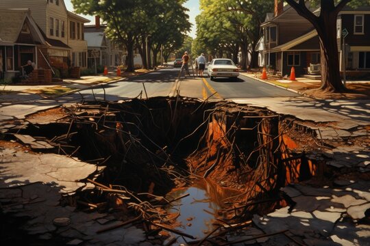 An asphalt road displays a long crack, revealing ground damage caused by natural disasters, depicting the aftermath of upheaval in the city.