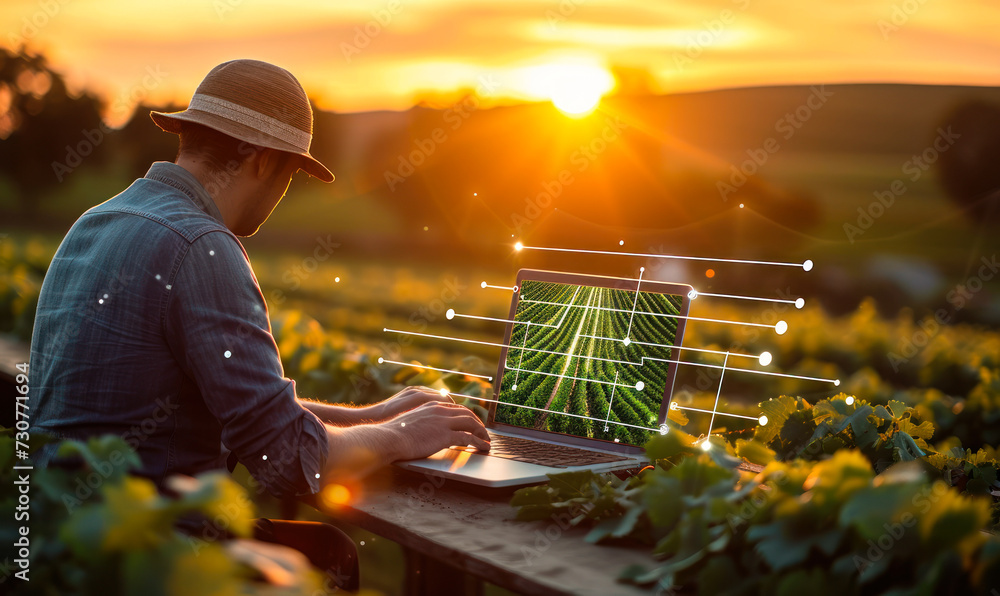 Poster modern agriculture technology with a person using a laptop to analyze data on sustainable farming pr